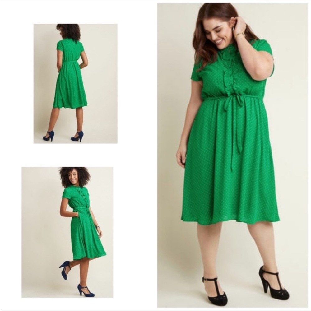 ModCloth asking for ruffle green polka dotted shirt dress